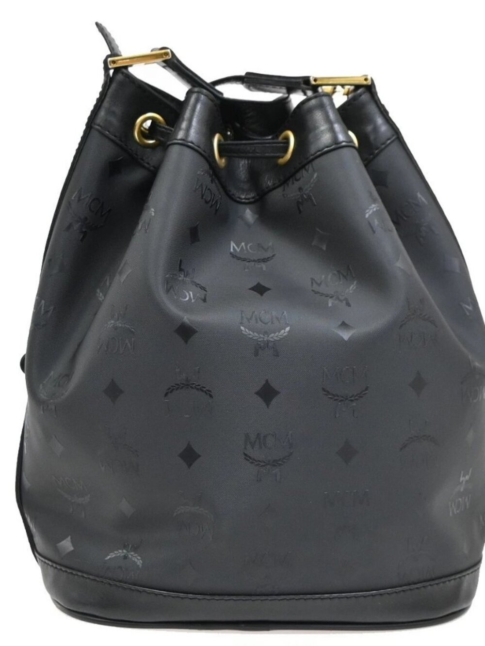 MCM Logo Visetos Pattern Drawstring Shoulder Bag PVC Leather Black GHW 64EG415 - Picture 3 of 13